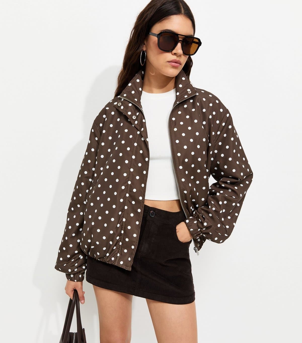 New Look Women's Brown Polka Dot Bubble Hem Zip Windbreaker Jacket New Look