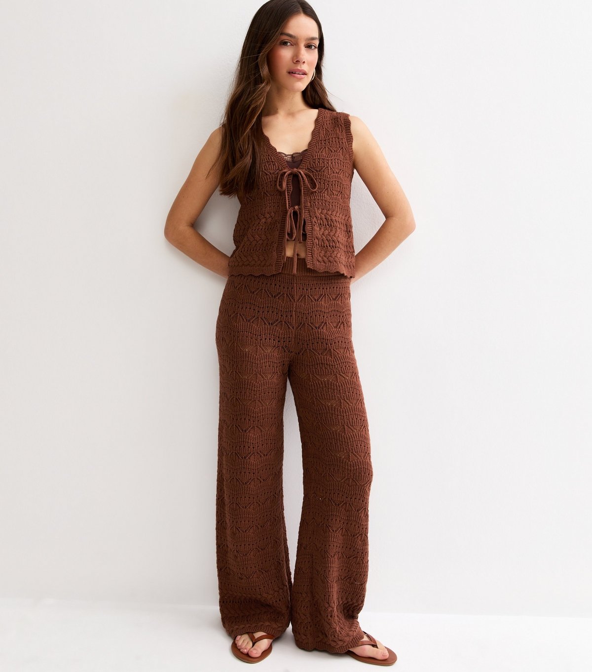 New Look Women's Petite Brown Cotton Rich Crochet-Look Knit Tie Front Waistcoat New Look - 3