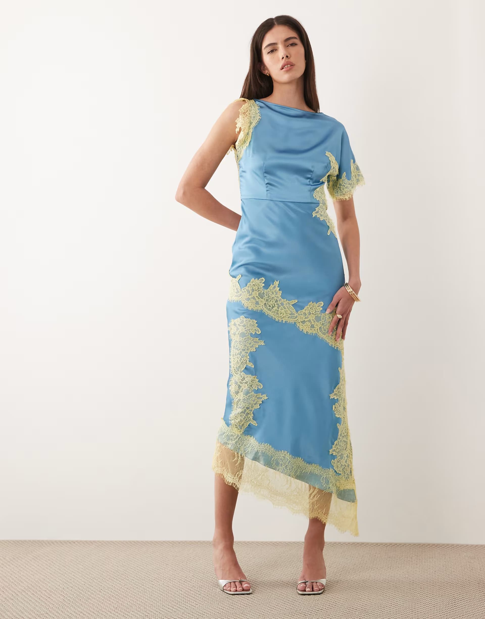 ASOS Never Fully Dressed Fearne satin lace detail midi dress in blue and lemon
