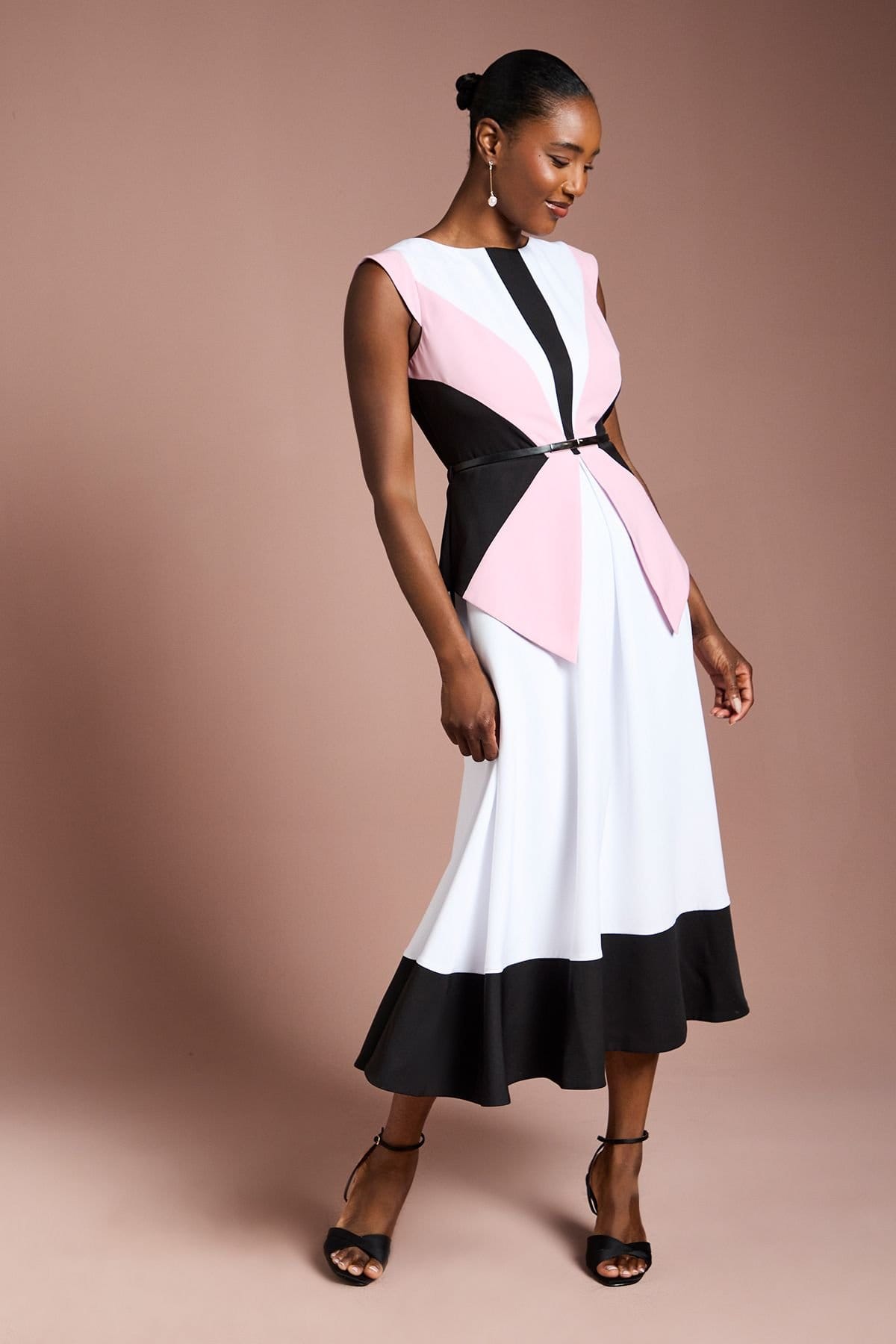 Coast Ivory Colour Block Belted Crepe Midi Dress