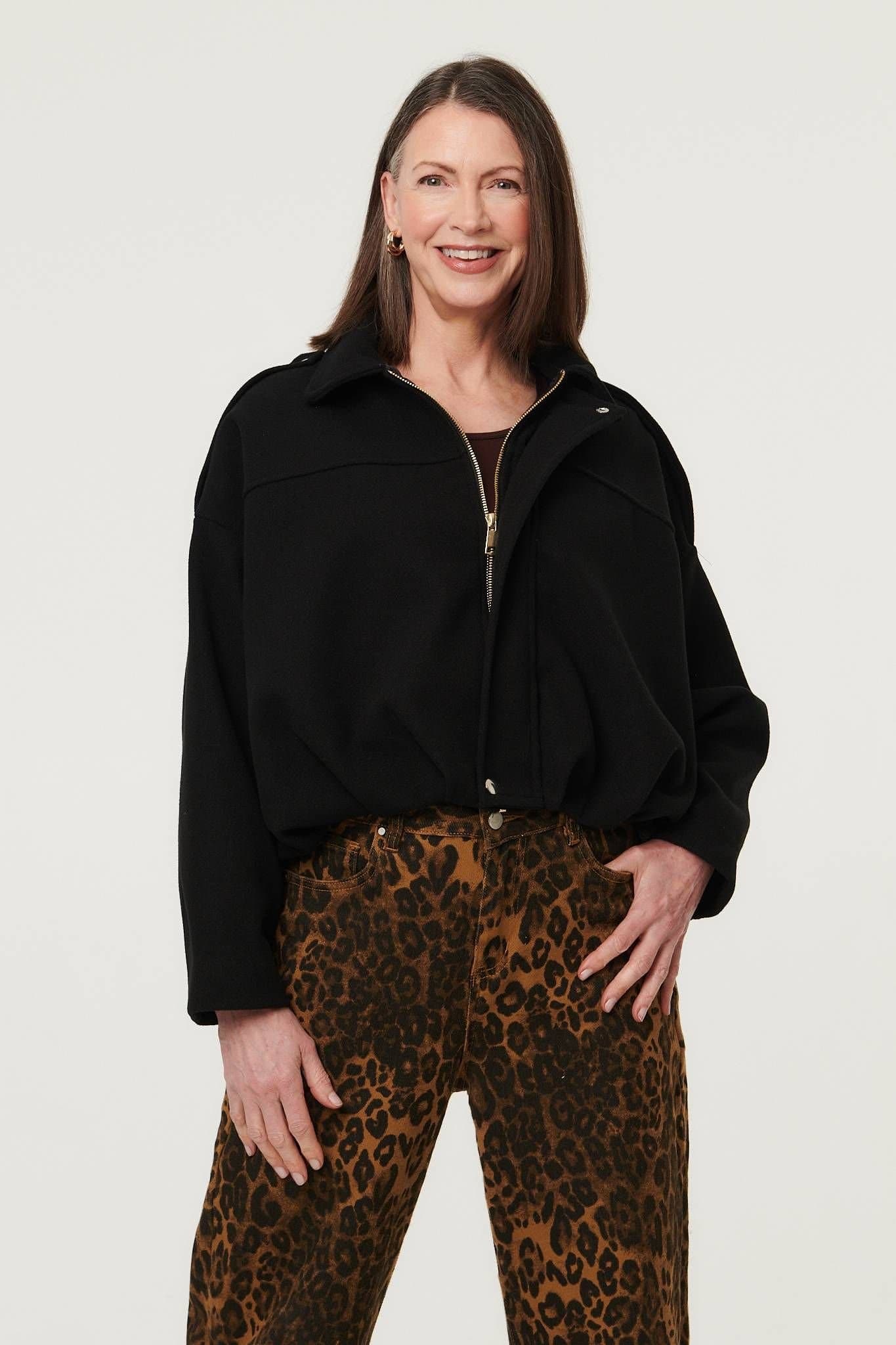 Izabel London Izabel London Women's Faux Suede Ruched Relaxed Bomber Jacket in Black