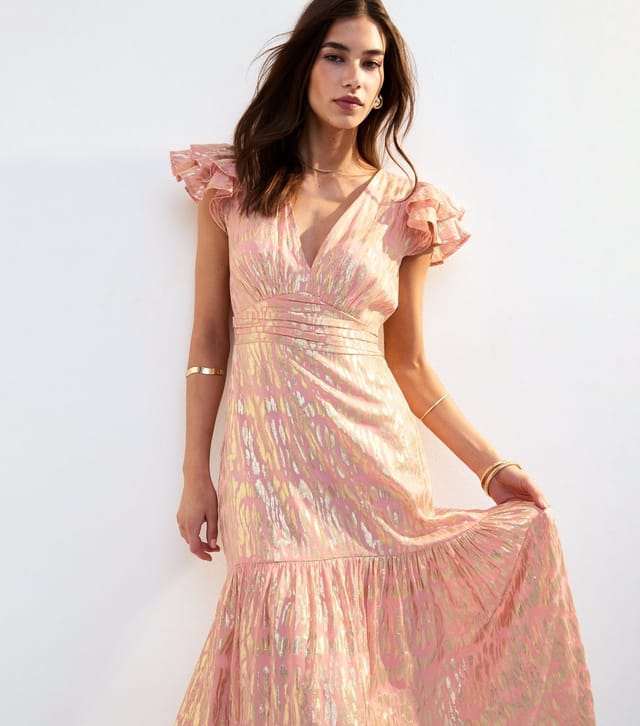 New Look Women's Pink Jacquard Frill Sleeve Empire Line Midi Dress New Look - 2