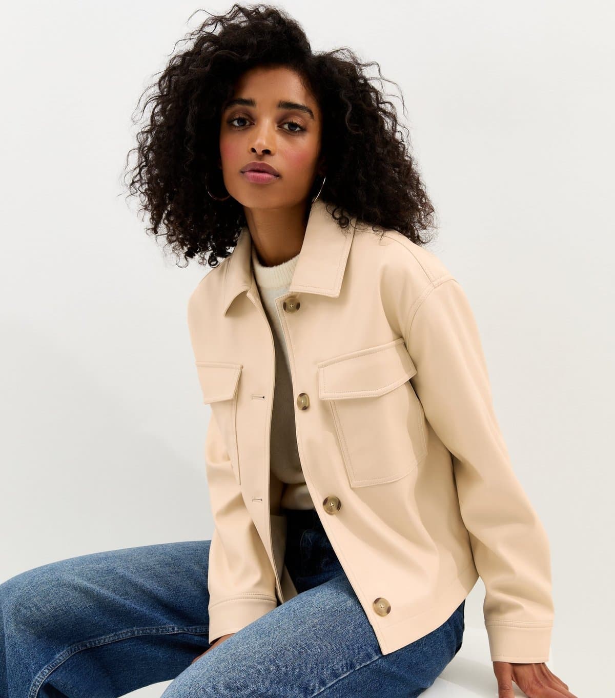 New Look Women's Off White Faux Leather Flap Pocket Shacket Vegan New Look