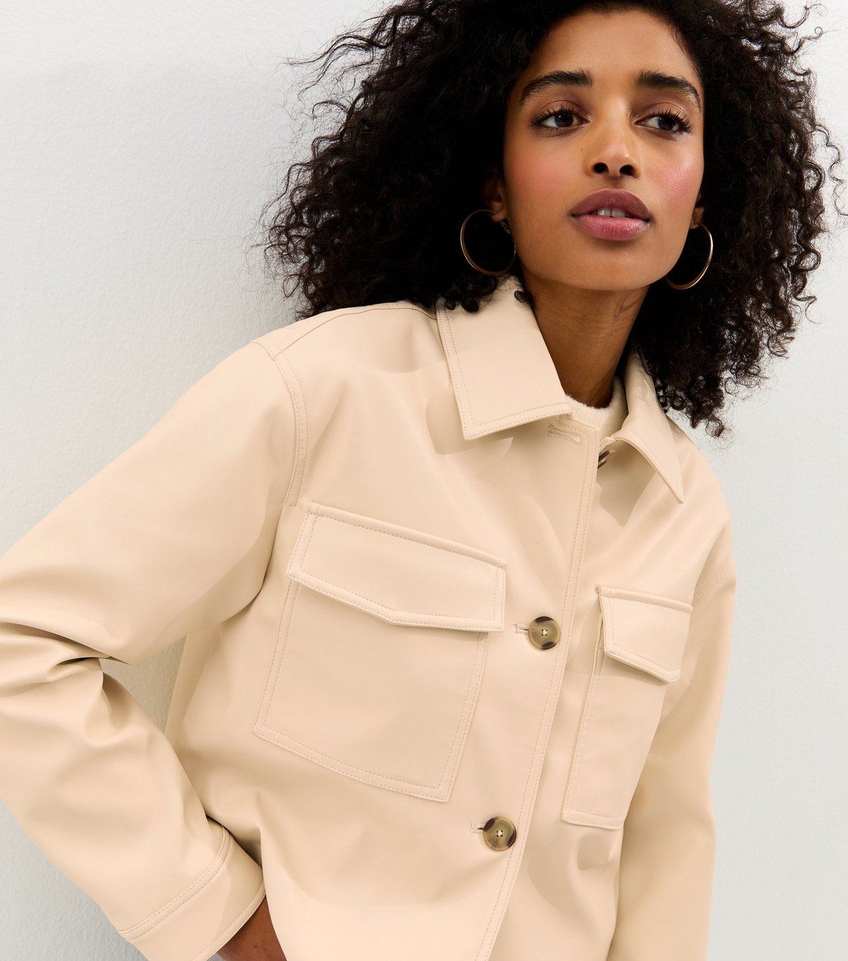 New Look Women's Off White Faux Leather Flap Pocket Shacket Vegan New Look - 2