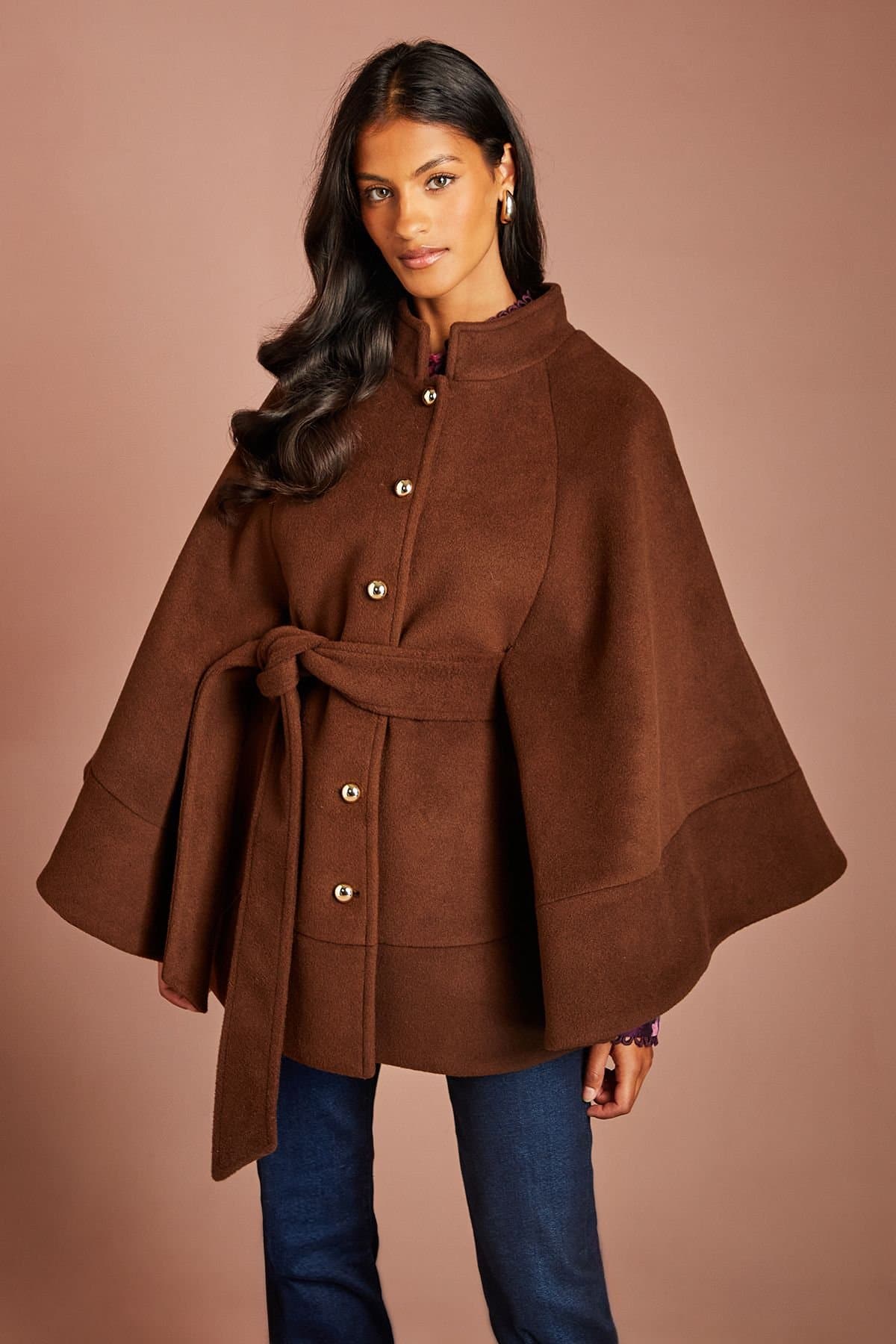 Coast Coast Women's Petite Faux Pearl Button Detail Belted Occasion Cape in Chocolate