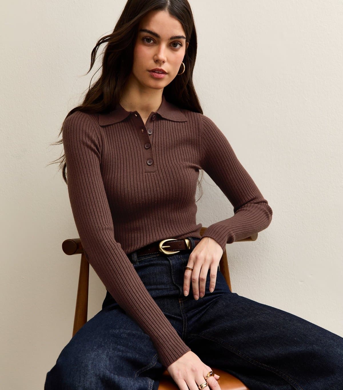 New Look Women's Dark Brown Lightweight Polo Button Jumper New Look