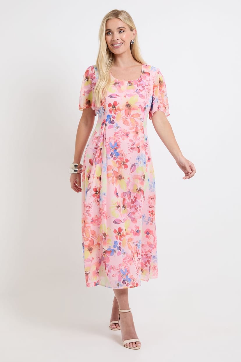 Wallis Wallis Women's Petite Floral Print Chiffon Midi Dress in Pink - 1