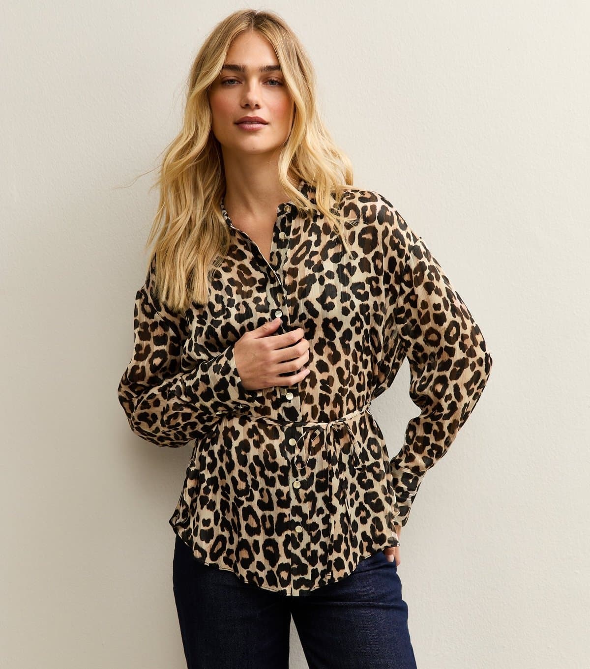 New Look Women's Brown Animal Print Tie Belt Shirt New Look