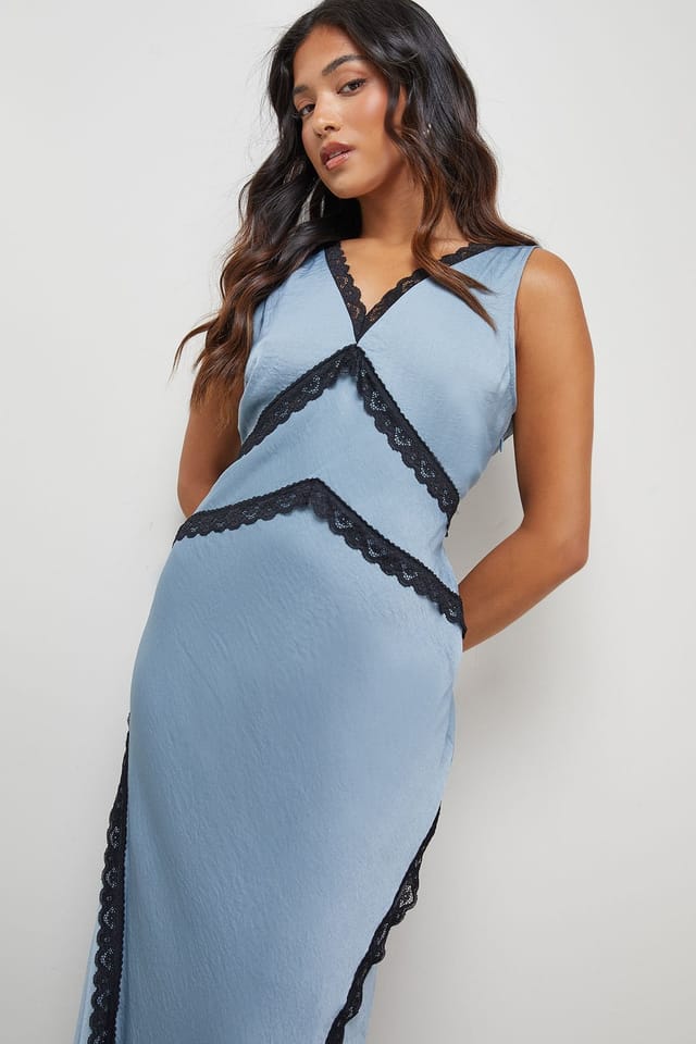 Warehouse Warehouse Women's Petite Satin Contrast Lace Midi Slip Dress in Blue - 2