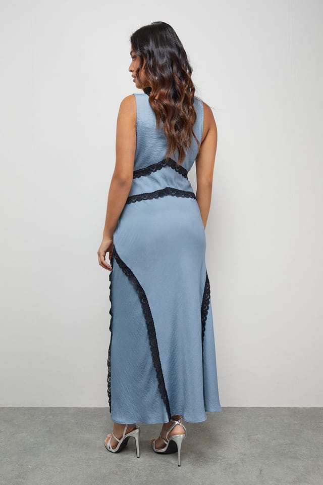 Warehouse Warehouse Women's Petite Satin Contrast Lace Midi Slip Dress in Blue - 3