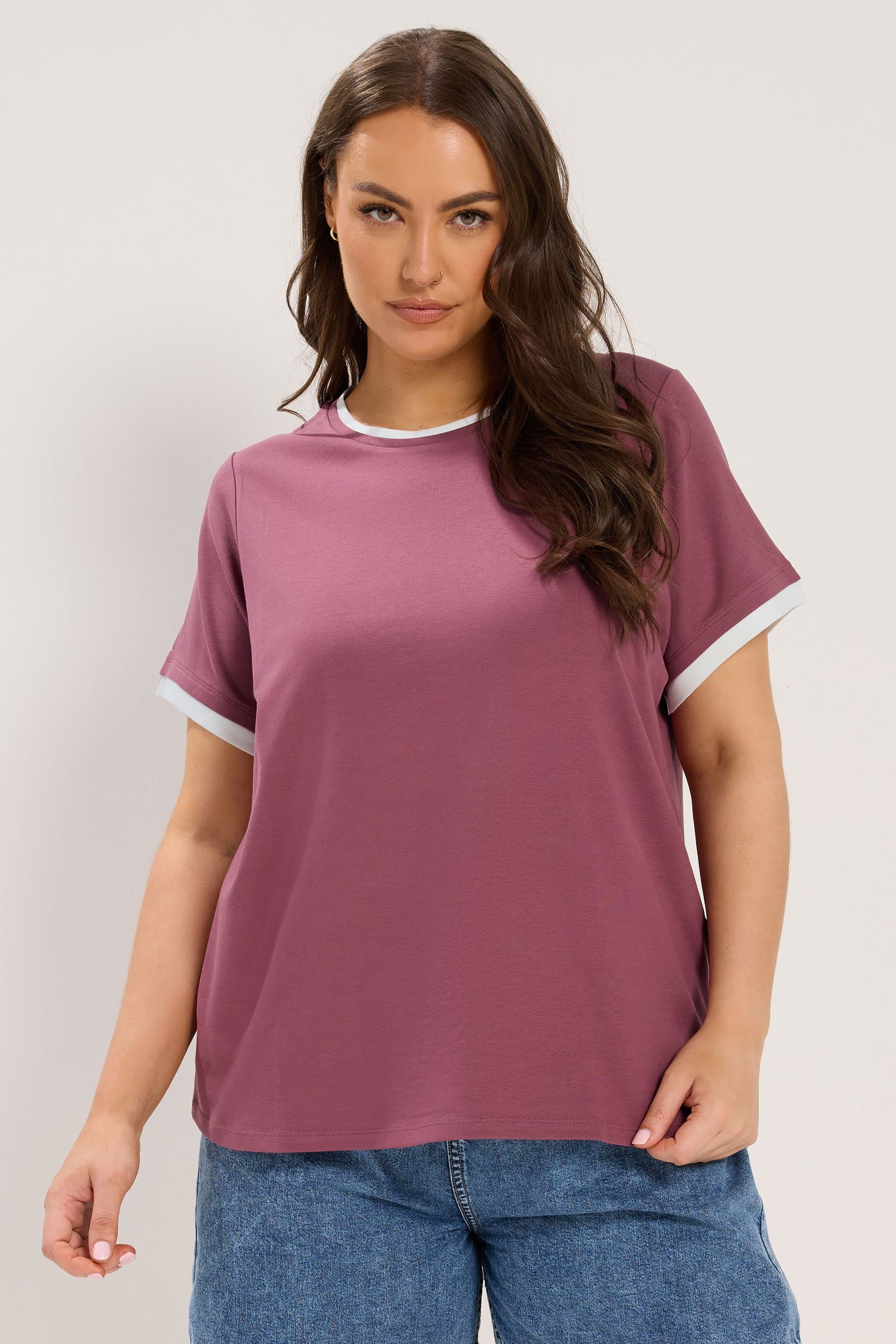 Yours Plus Size Pink Contrast Trim Ringer Tshirt
