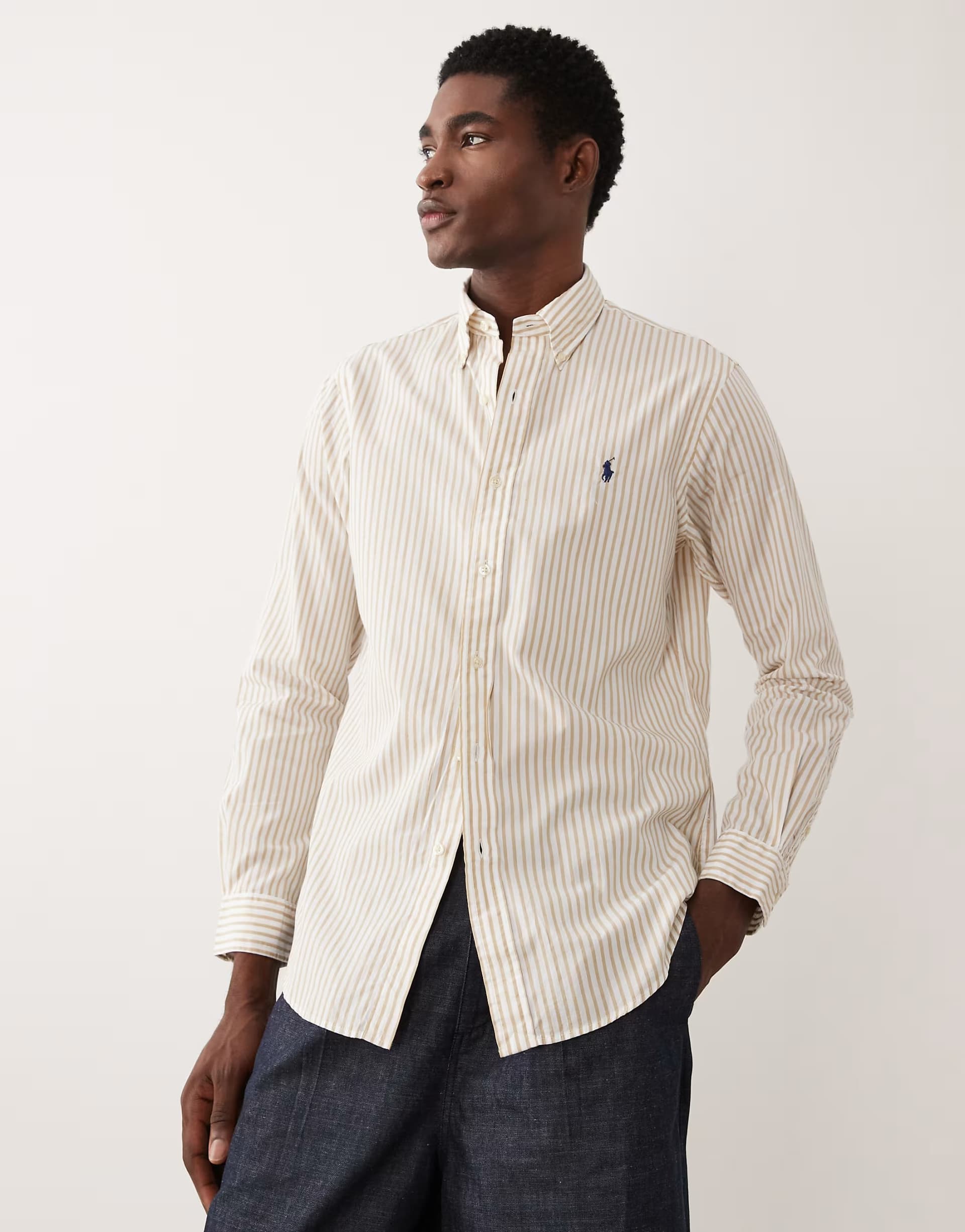 ASOS Polo Ralph Lauren icon logo cotton striped linen shirt in beige