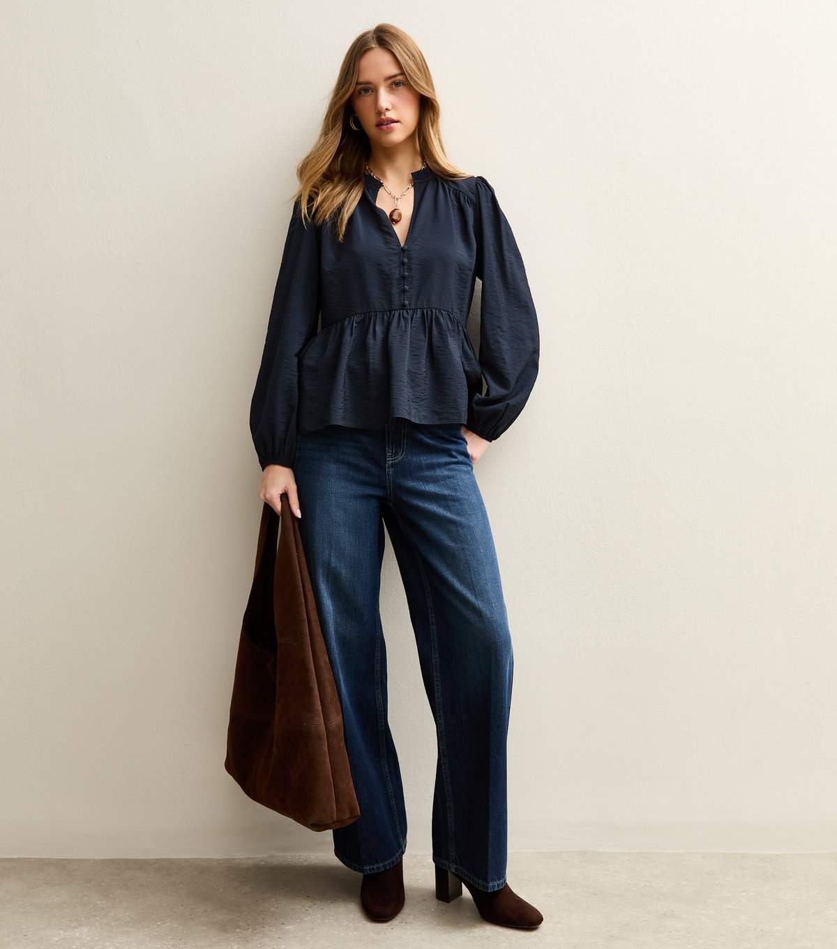 New Look Women's Navy Button Up Peplum Tea Blouse New Look - 3