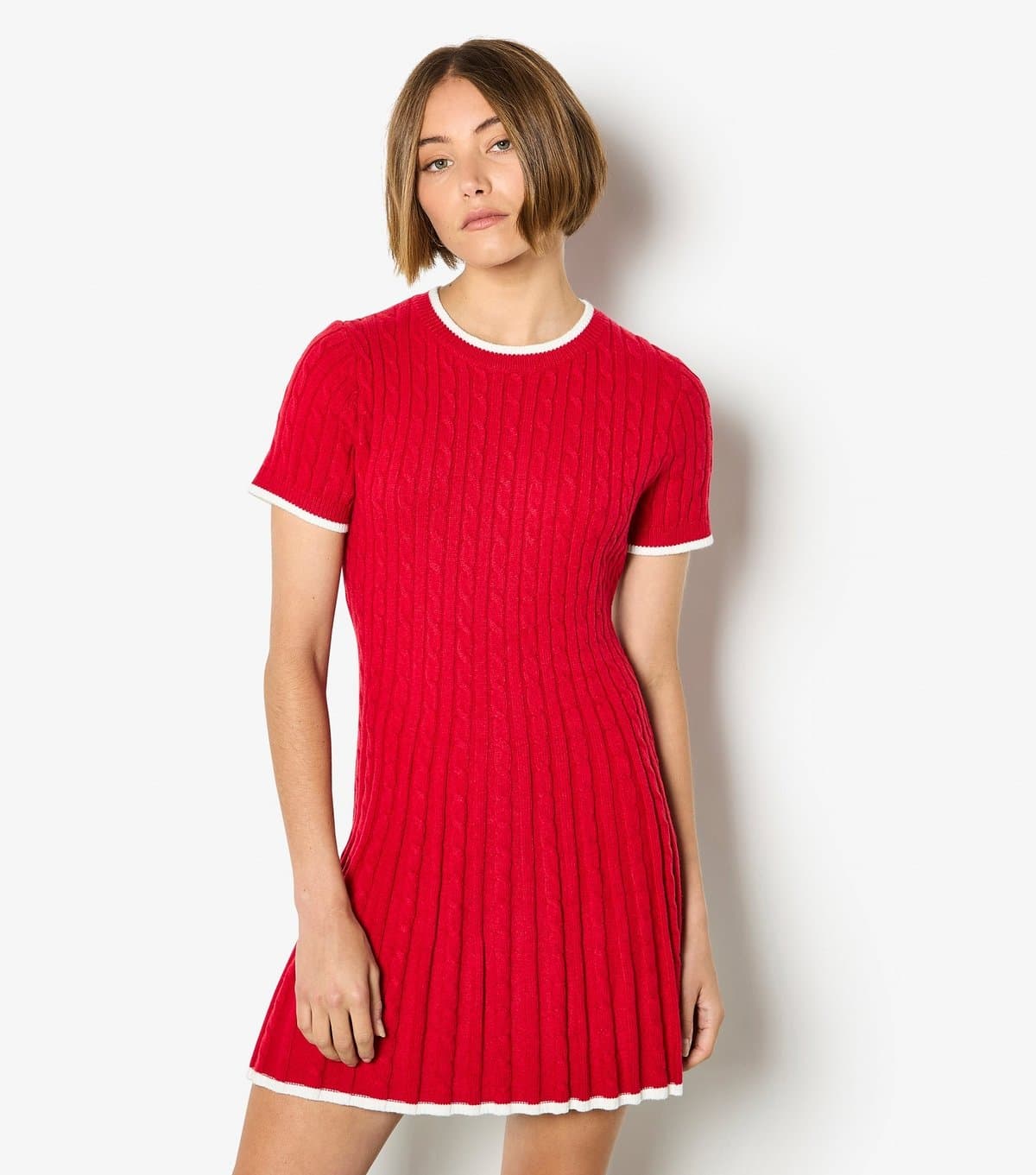 Apricot Women's Bright Red Cable Knit Contrast Trim Mini Dress Apricot New Look