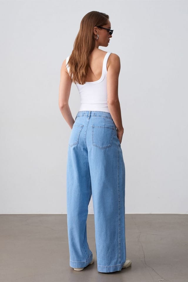 Dilvin Dilvin Women's High-Waist Wide-Leg Cotton Denim Jeans in Mid Blue - 2
