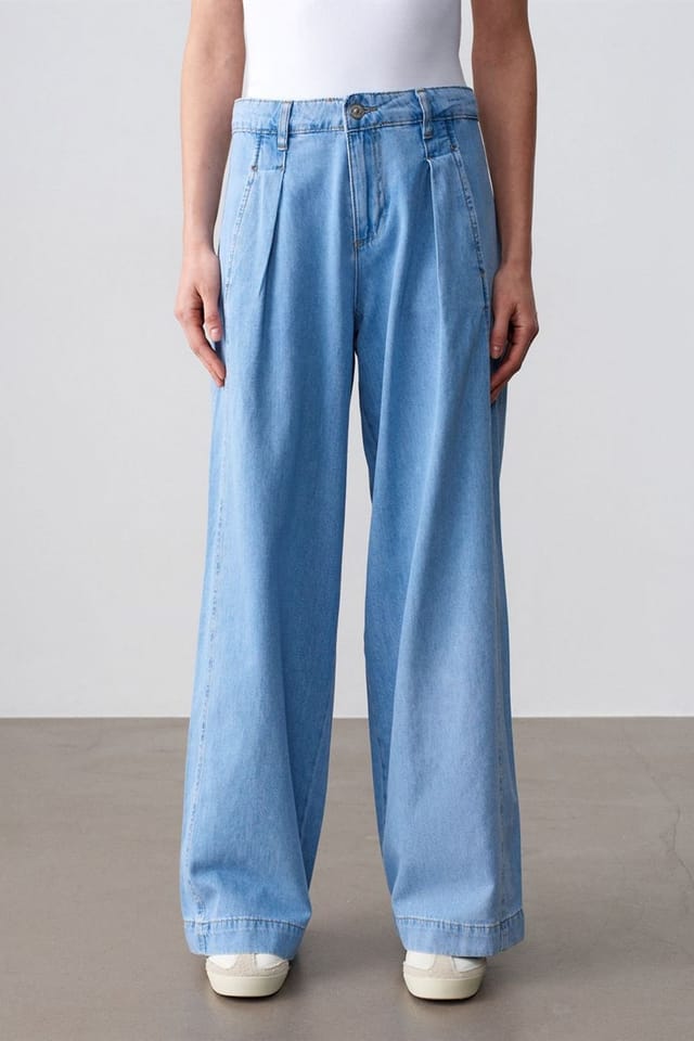 Dilvin Dilvin Women's High-Waist Wide-Leg Cotton Denim Jeans in Mid Blue - 3