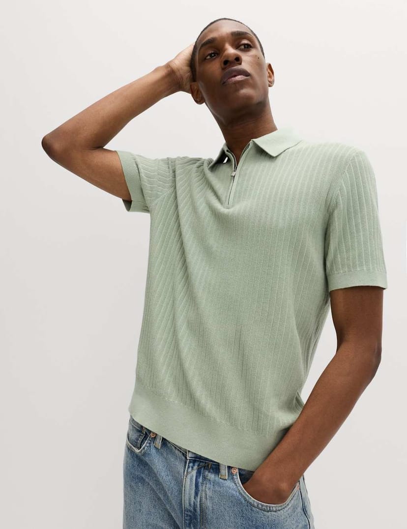 Marks & Spencer M&S Cotton Rich Ribbed Knitted Zip Up Polo Shirt Pistachio - 1