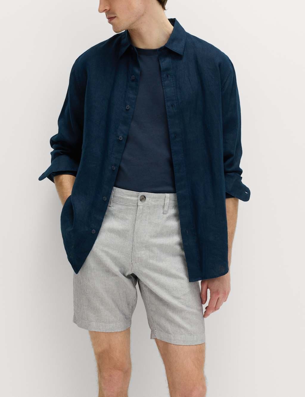 Marks & Spencer M&S Linen Blend Chino Shorts Navy Mix