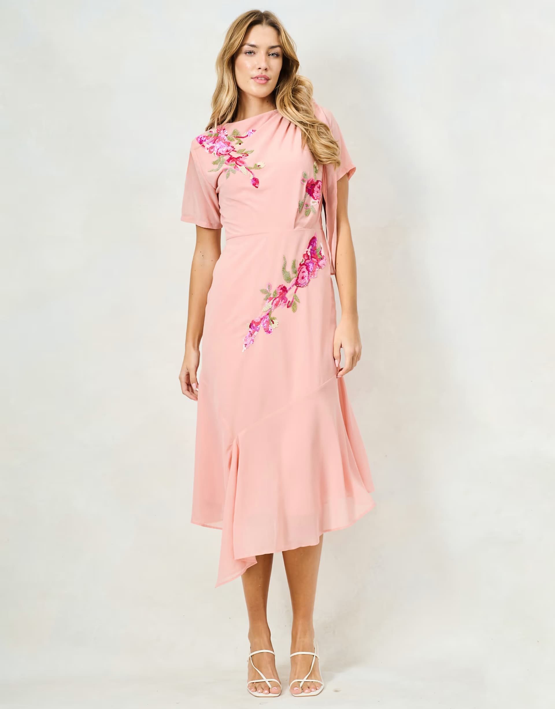 ASOS Hope & Ivy The sienna-mae embellished slash neck midi dress with bow shoulder detail in light pink