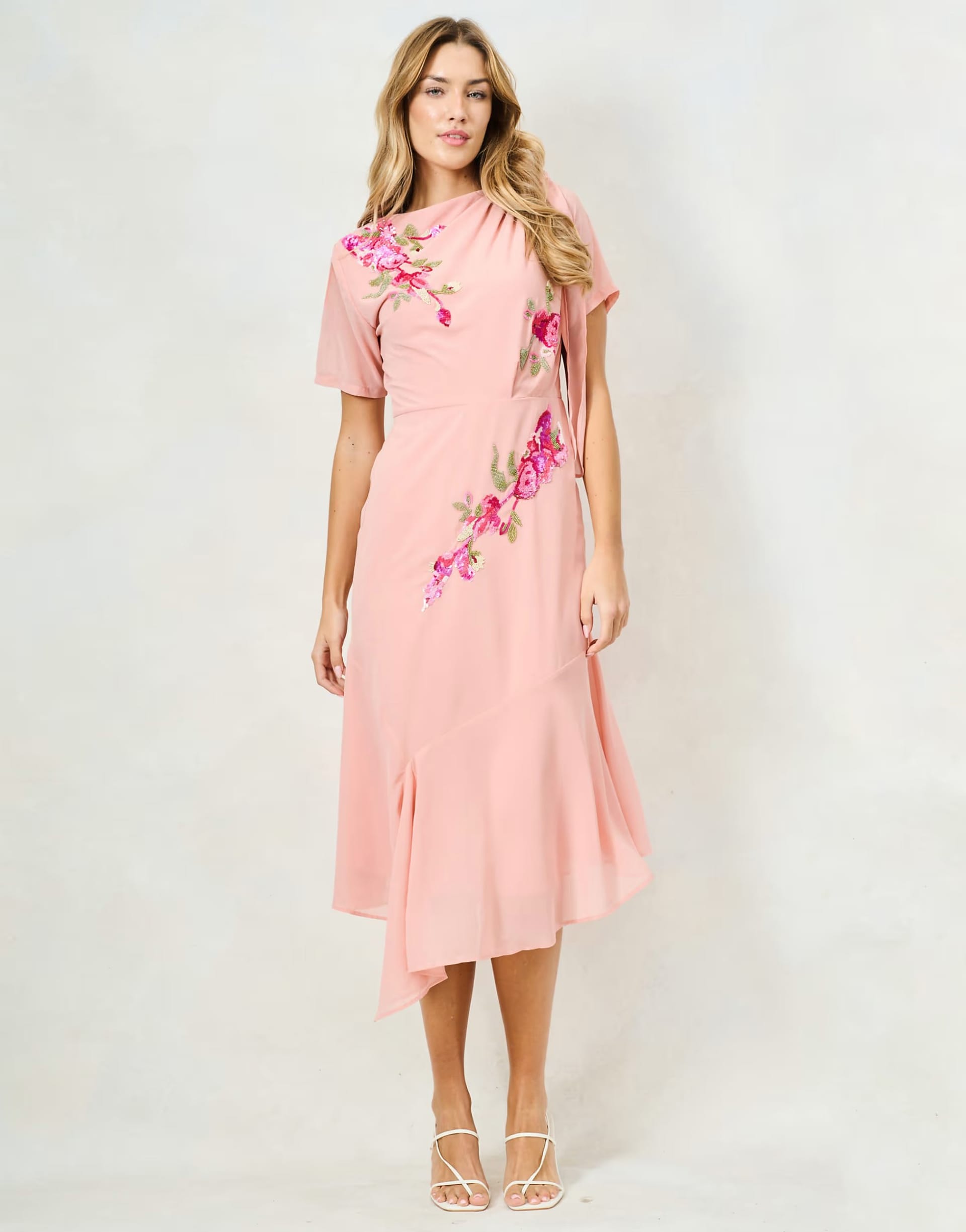 ASOS Sienna-Mae Embellished Slash Neck Midi Dress in Light Pink