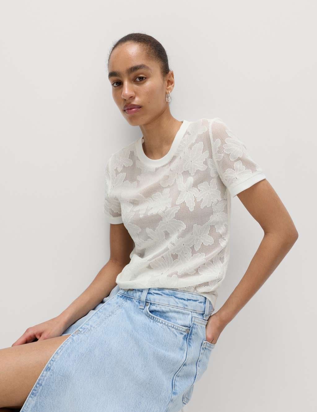Marks & Spencer M&S Cotton Blend Floral Lace Top Soft White