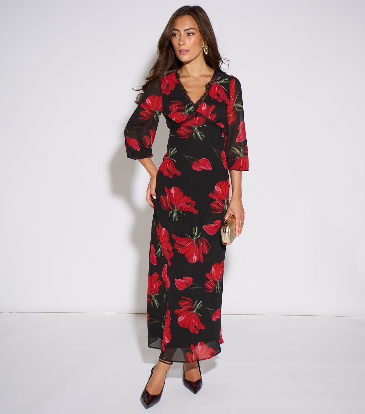 Gini London Women's Black Floral Print Lace Trim Midi Dress Gini London New Look