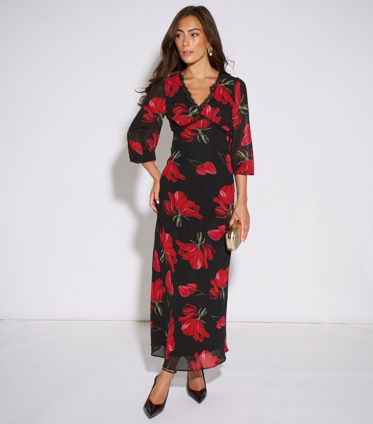 Gini London Black Floral Print Lace Trim Midi Dress