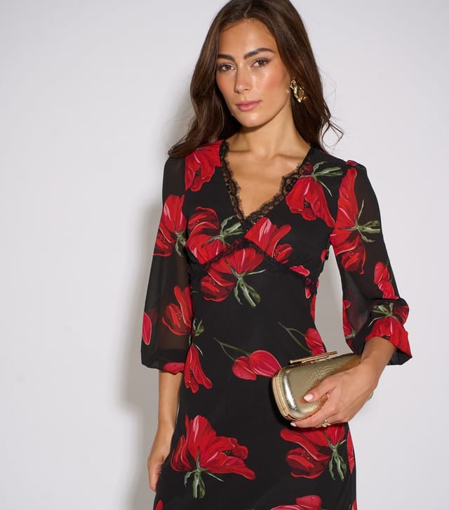 Gini London Women's Black Floral Print Lace Trim Midi Dress Gini London New Look - 2