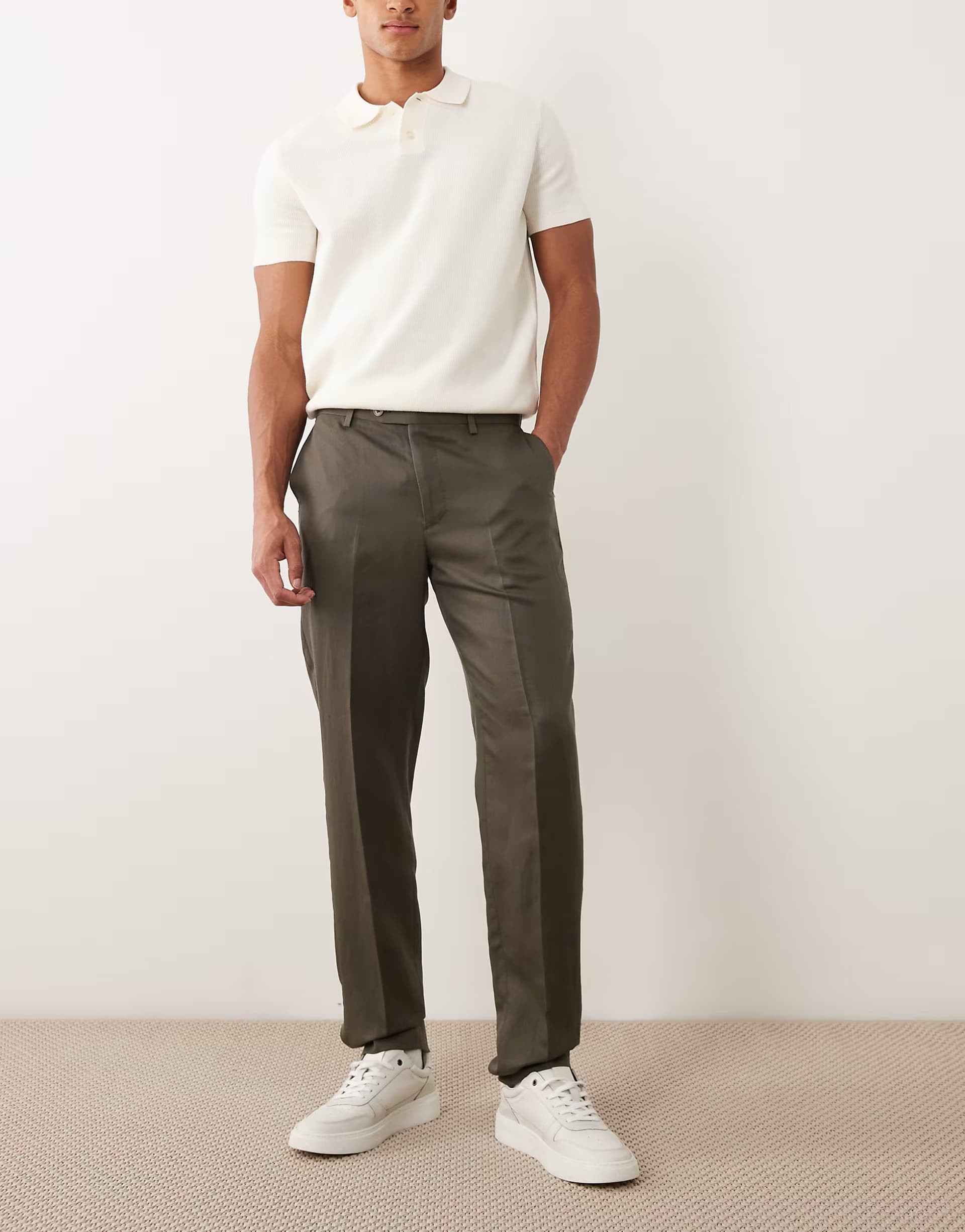 ASOS Mango Amalfi linen blend slim fit suit trouser co-ord in khaki
