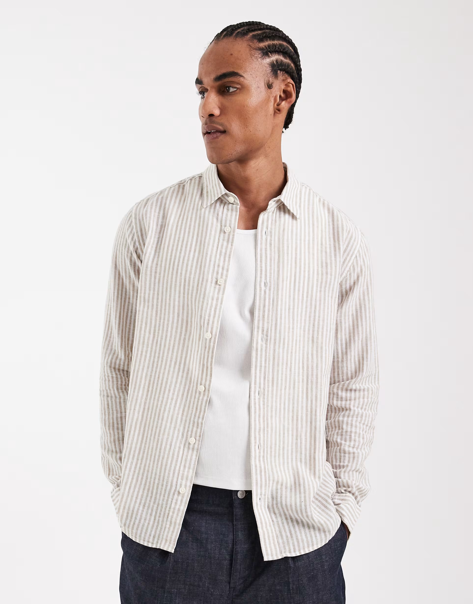 ASOS ONLY & SONS linen mix long sleeve shirt in beige stripes - 1