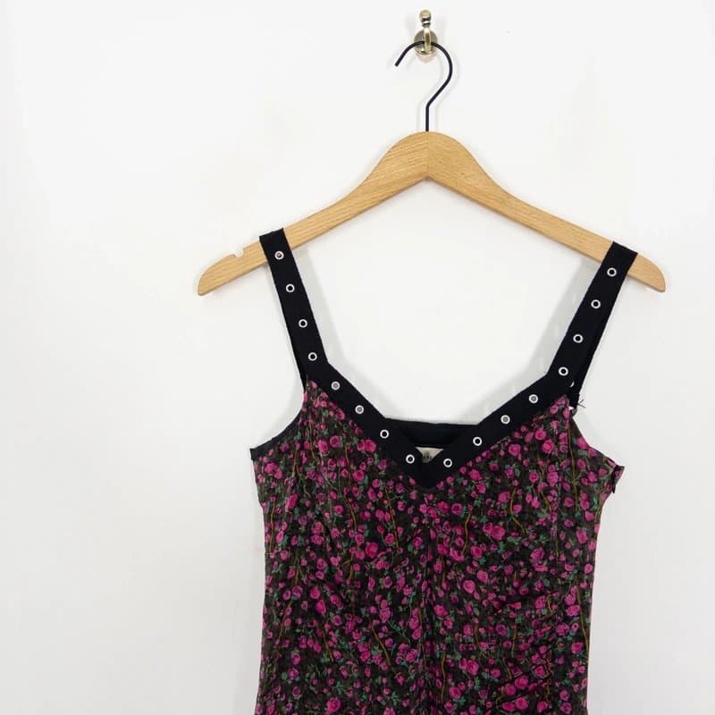 Karen Millen Karen Millen Vintage Silk Dress Size 12 Grunge Eyelet Strap Midi Pink Floral
