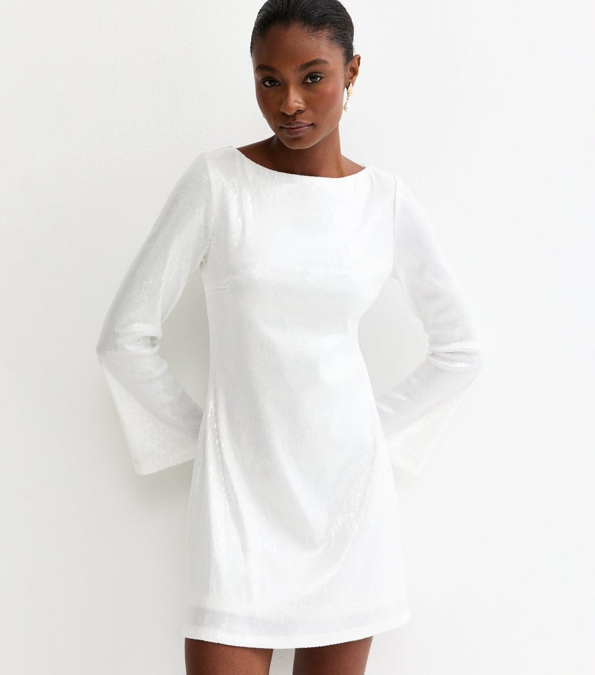 New Look Women's White Sequinned Long Sleeve Mini Dress New Look