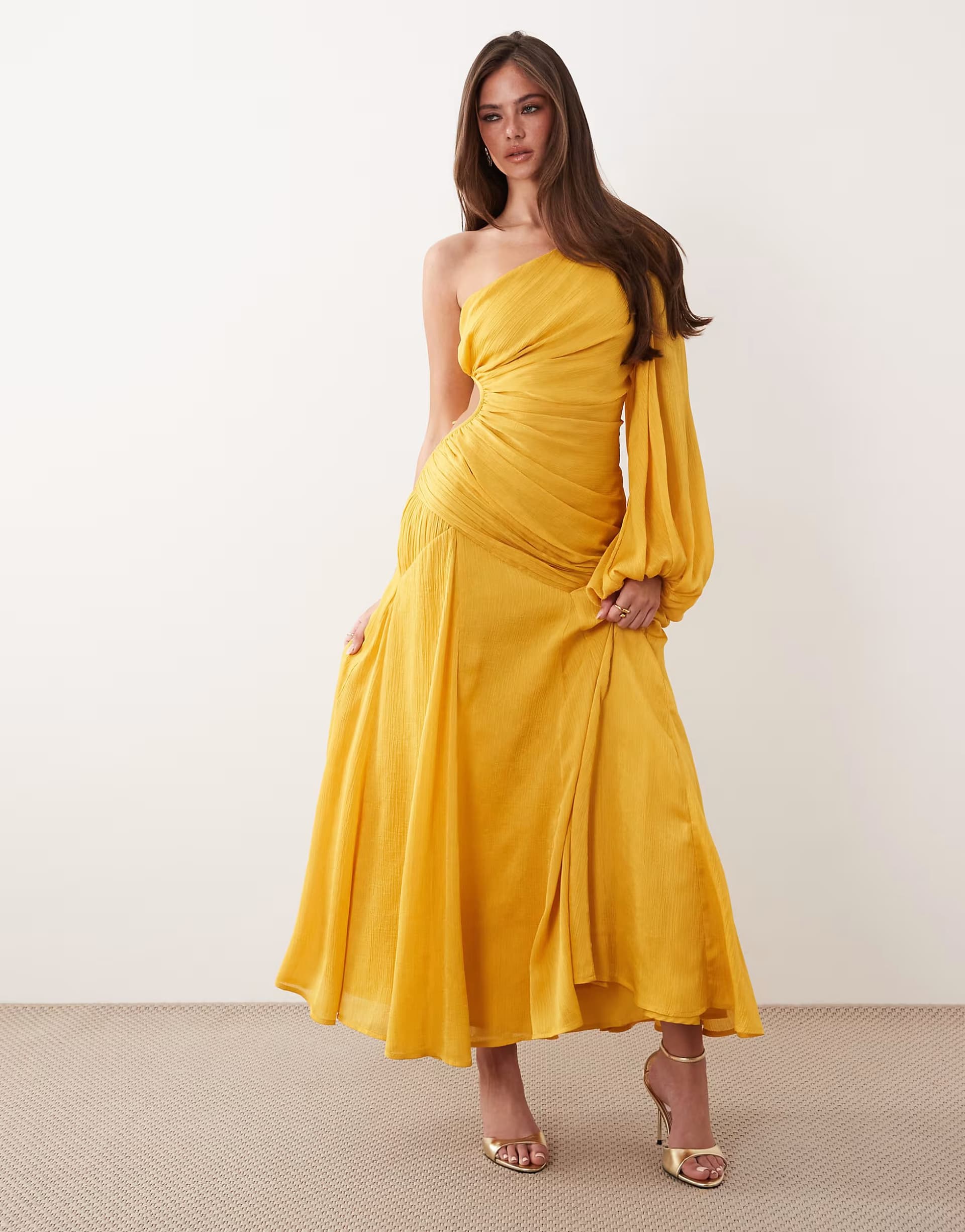ASOS ASOS DESIGN crinkle satin one shoulder drape midaxi dress with blouson sleeve in ochre
