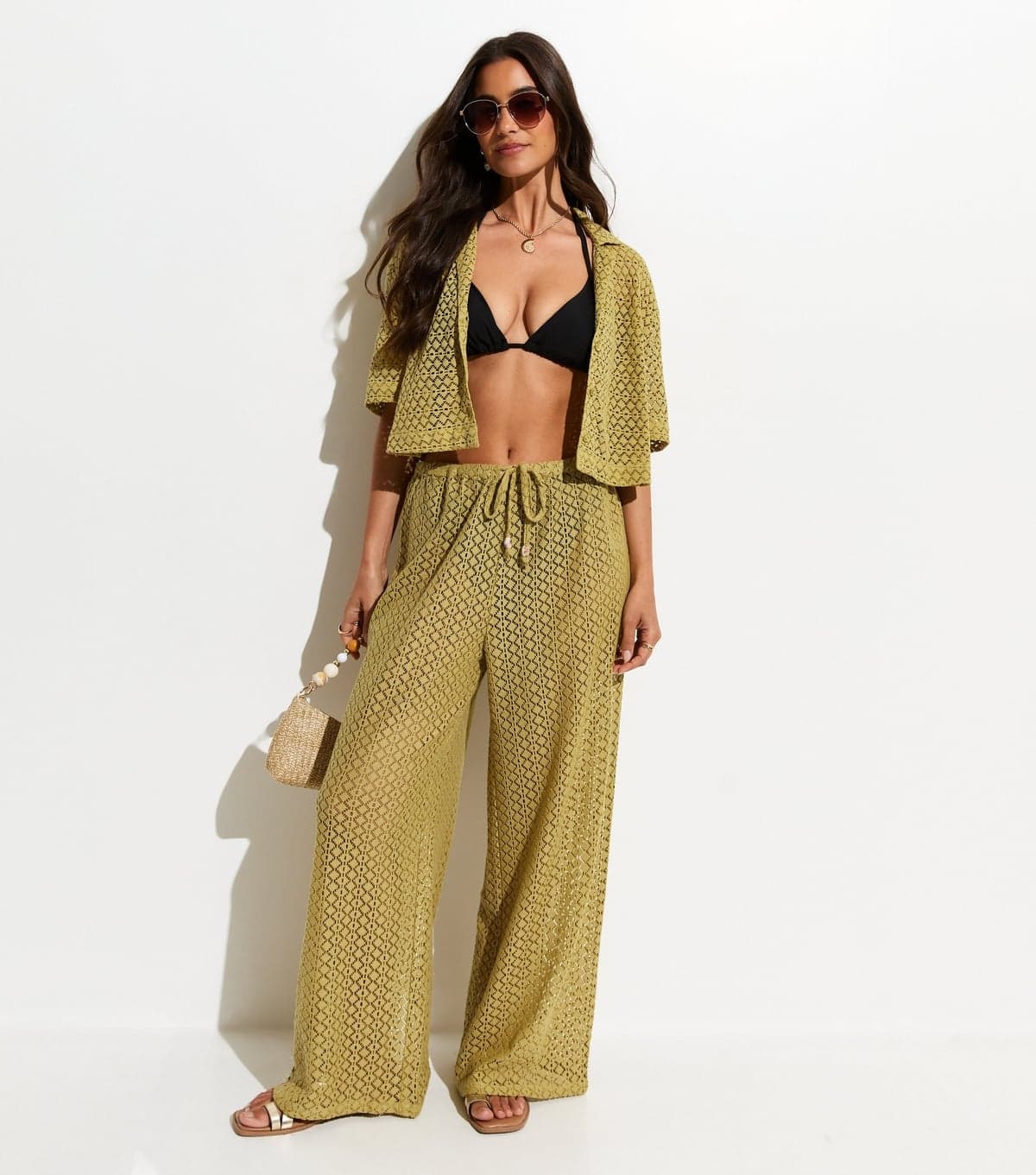 New Look Women's Green Crochet Knit Wide Leg Trousers New Look