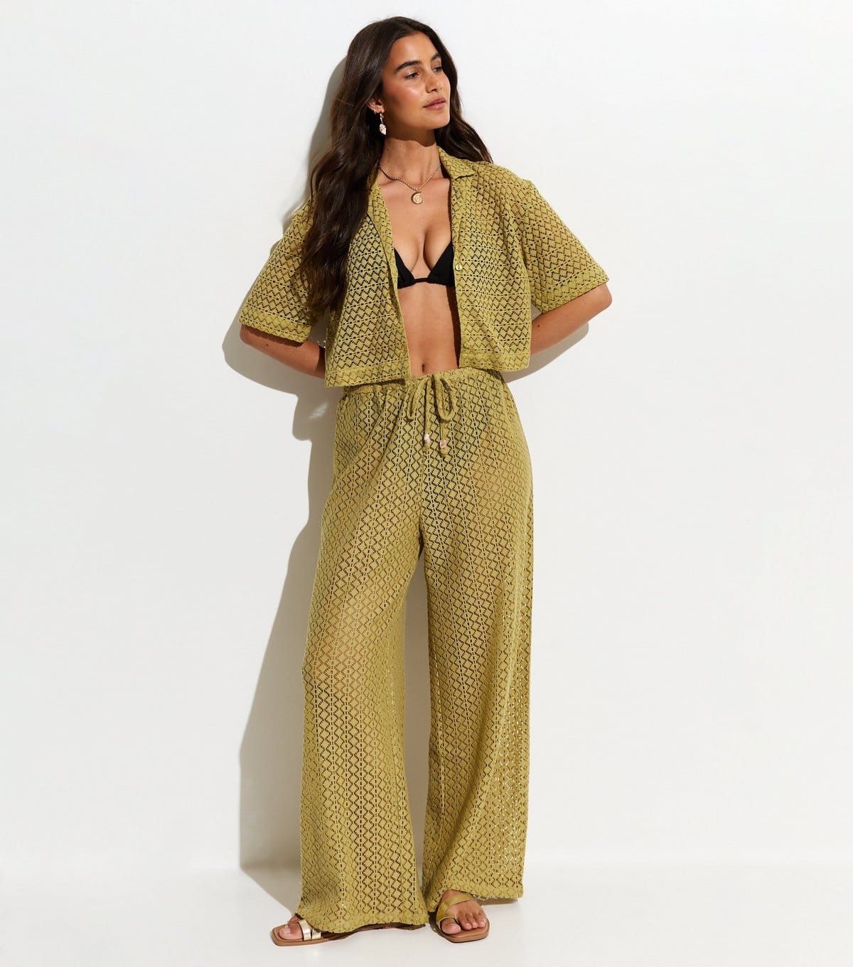 New Look Women's Green Crochet Knit Wide Leg Trousers New Look - 3