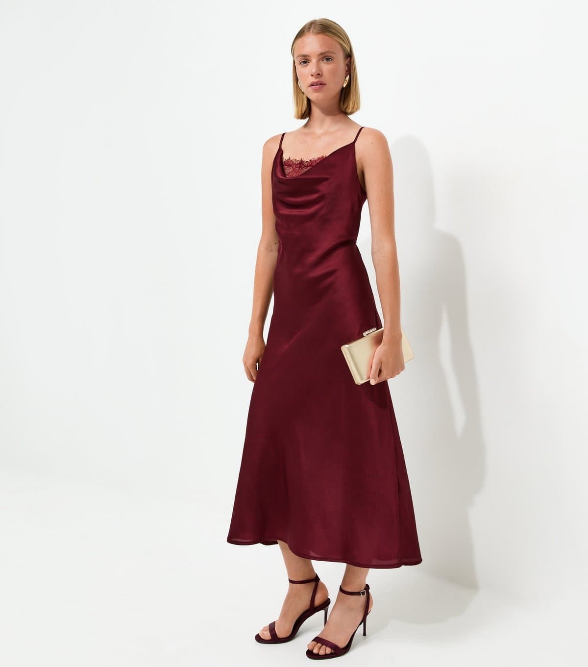 New Look Women's Dark Purple Satin Lace Cowl Neck Strappy Midi Dress New Look