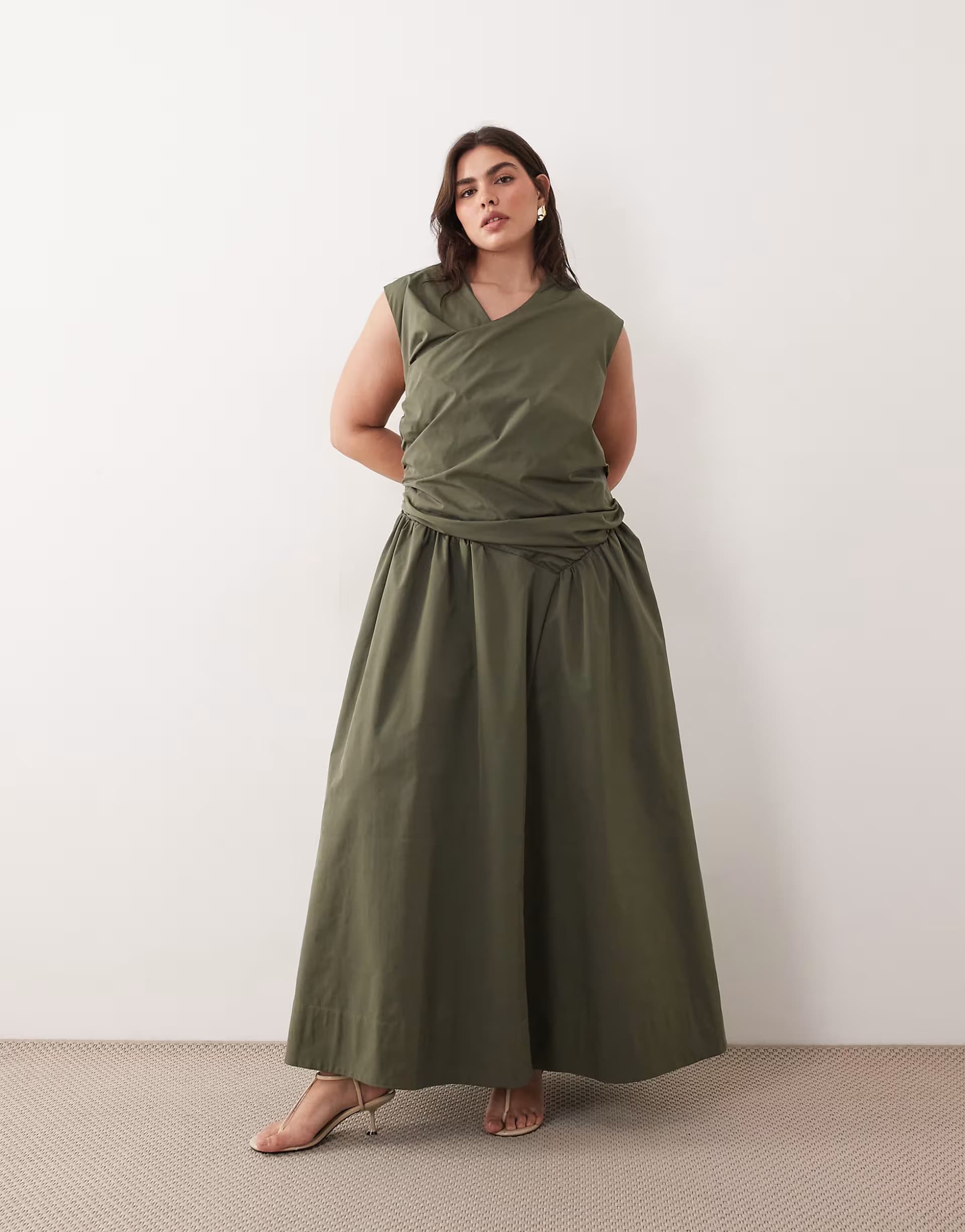ASOS ARRANGE Curve wrap drop waist maxi dress in dark khaki