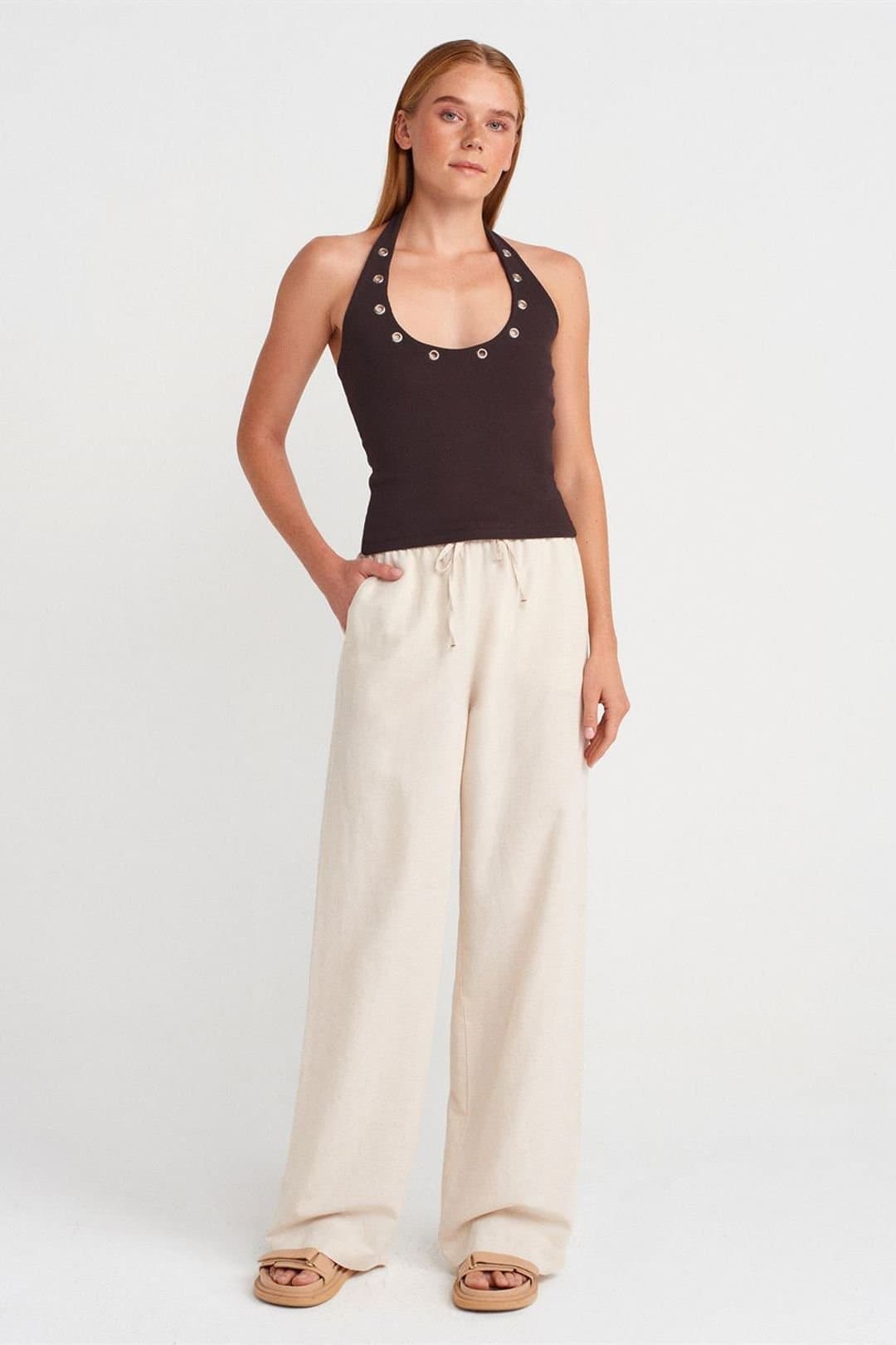 Dilvin Dilvin Women's Wide-Leg Linen-Blend Trousers in Medium Beige