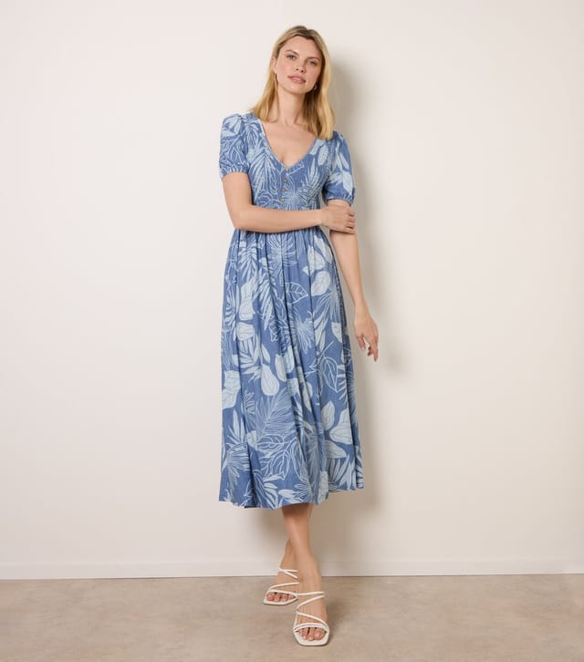 Blue Vanilla Women's Blue Tropical Shirred Midi Dress Blue Vanilla New Look - 3