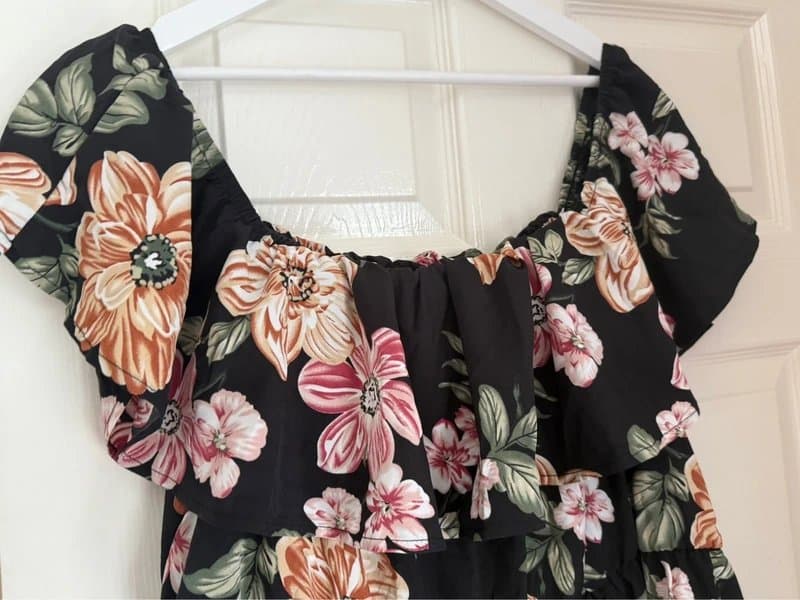 Shein Black Floral Off Shoulder Playsuit Dress | Frill Detail | 2XL