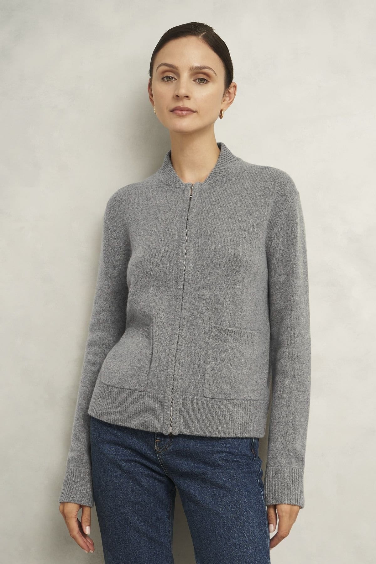 Hobbs London Hobbs London Women's Bonnie Knitted Bomber Jacket in Mid Grey - 1