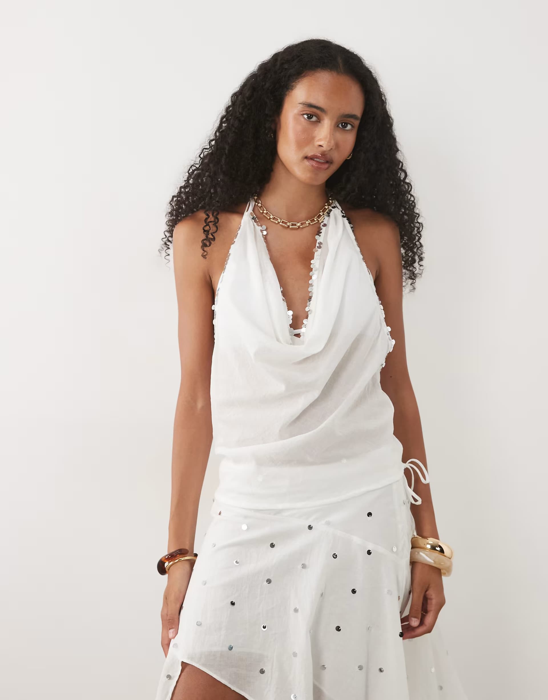 ASOS Mango Marea embellished halter neck beach top co-ord in white