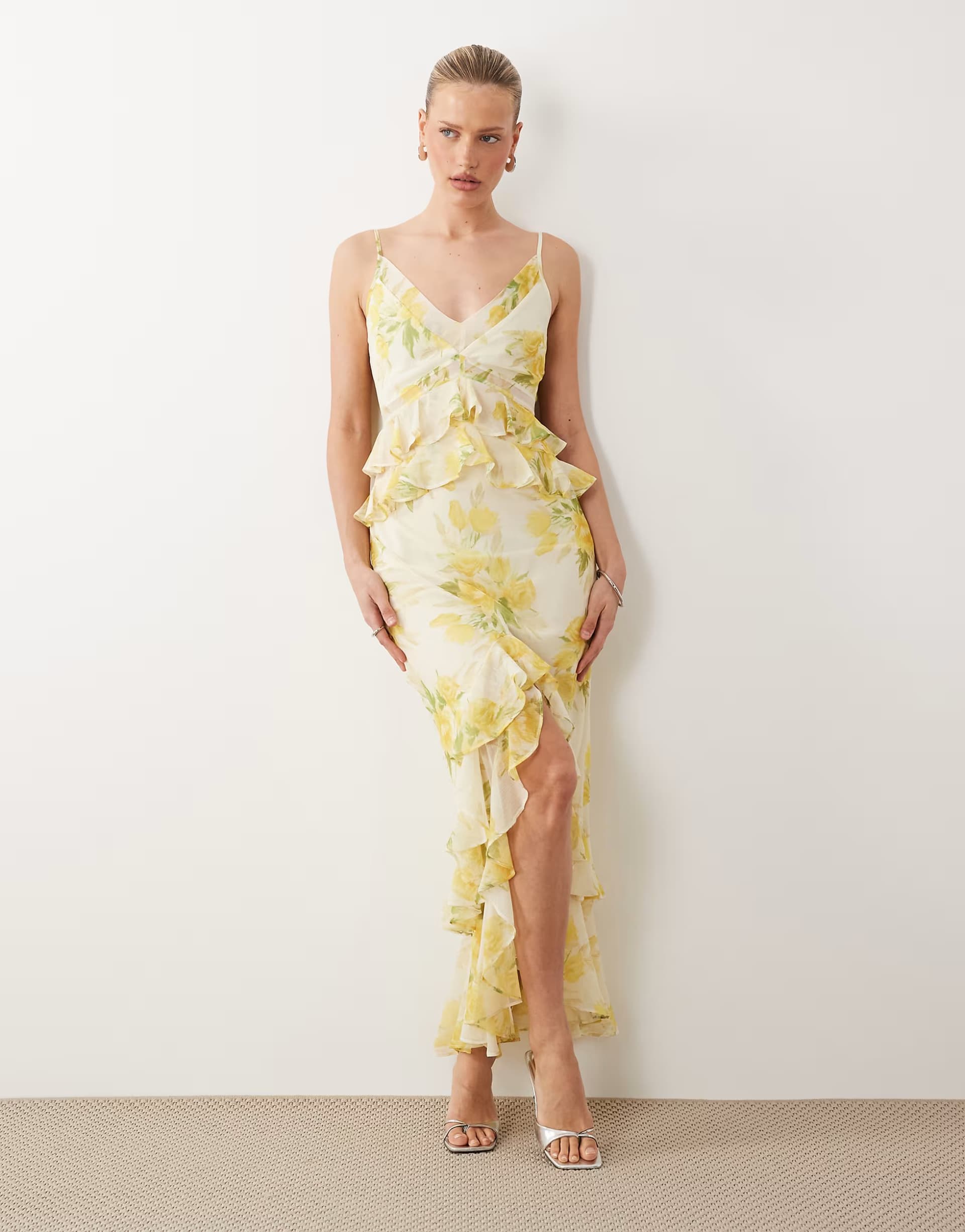 ASOS ASOS DESIGN ruffle column cami maxi dress in floral and spot print