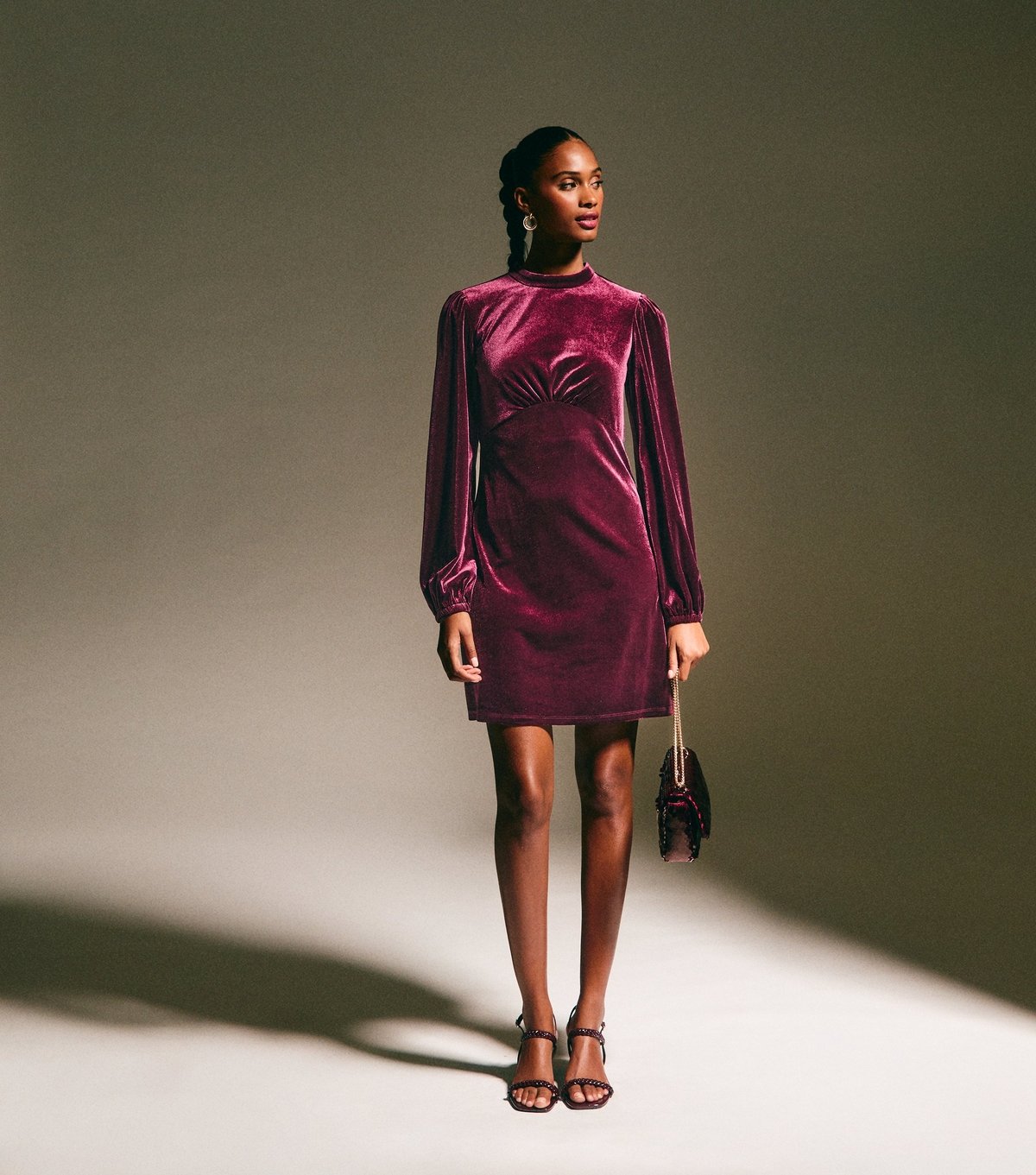 New Look Women's Dark Burgundy Velvet High Neck Long Sleeve Mini Dress New Look - 2