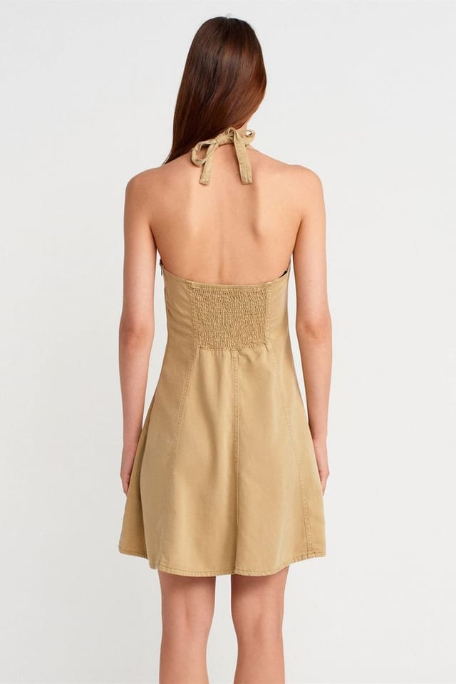 Dilvin Dilvin Women's Halter Neck A-Line Mini Dress in Camel - 2