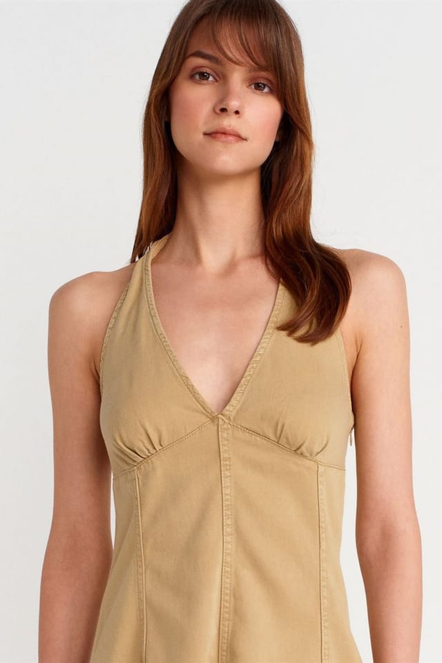 Dilvin Dilvin Women's Halter Neck A-Line Mini Dress in Camel - 3