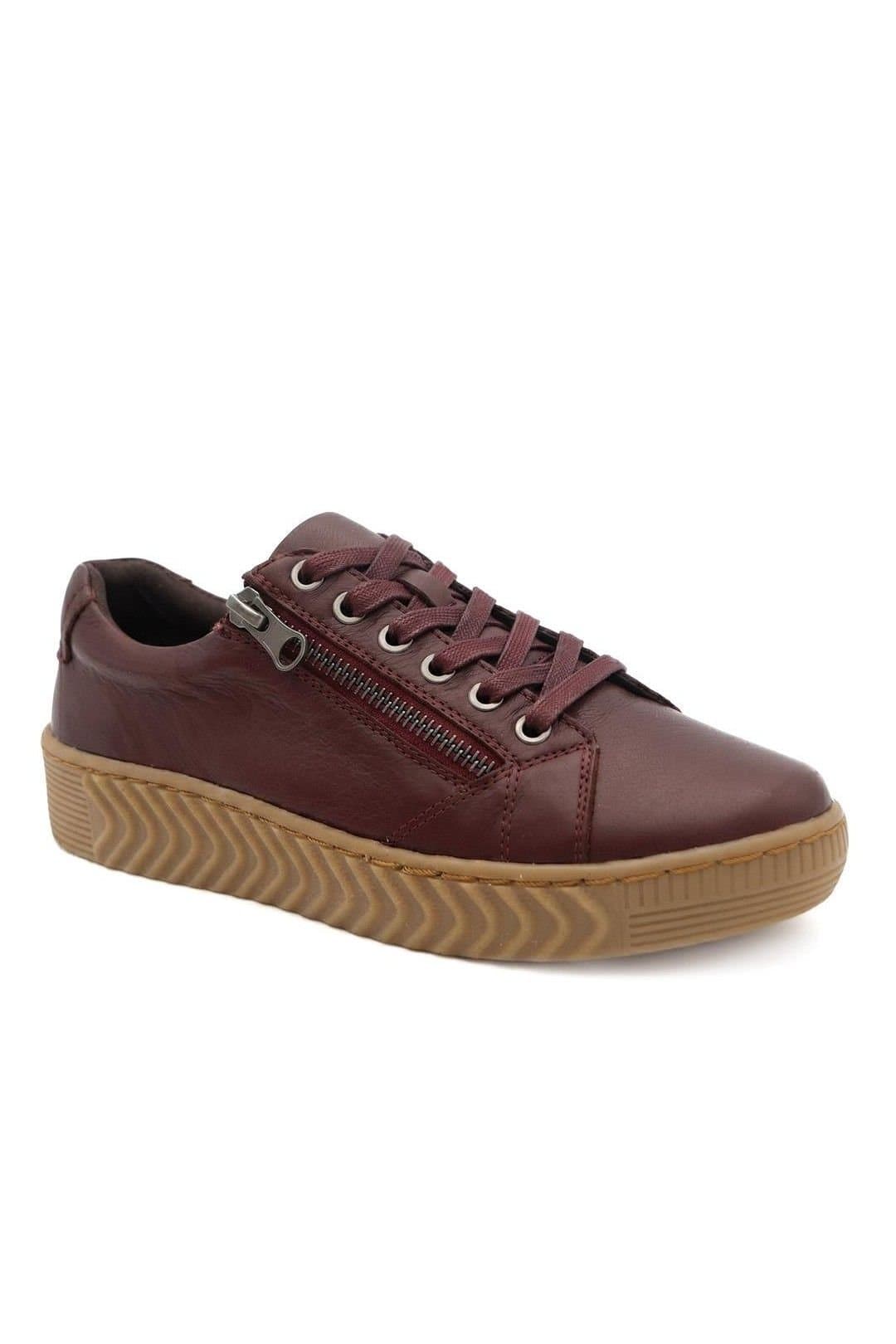 Pavers Pavers Women's Wide Fit Leather Breathable Platform Trainers in Burgundy