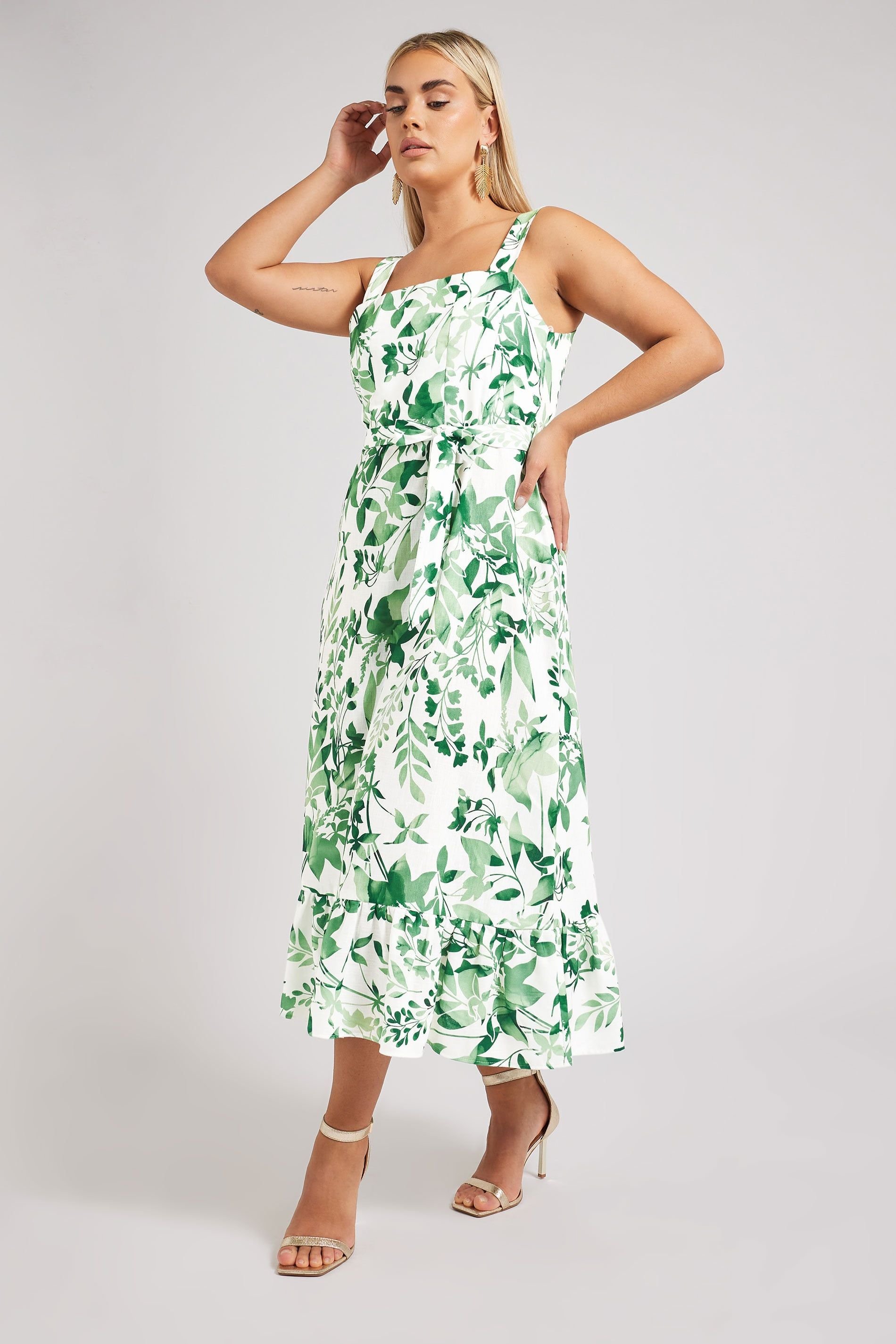 Yours Yours Women's Botanical Leaf Print Linen Look Dress in White - 3