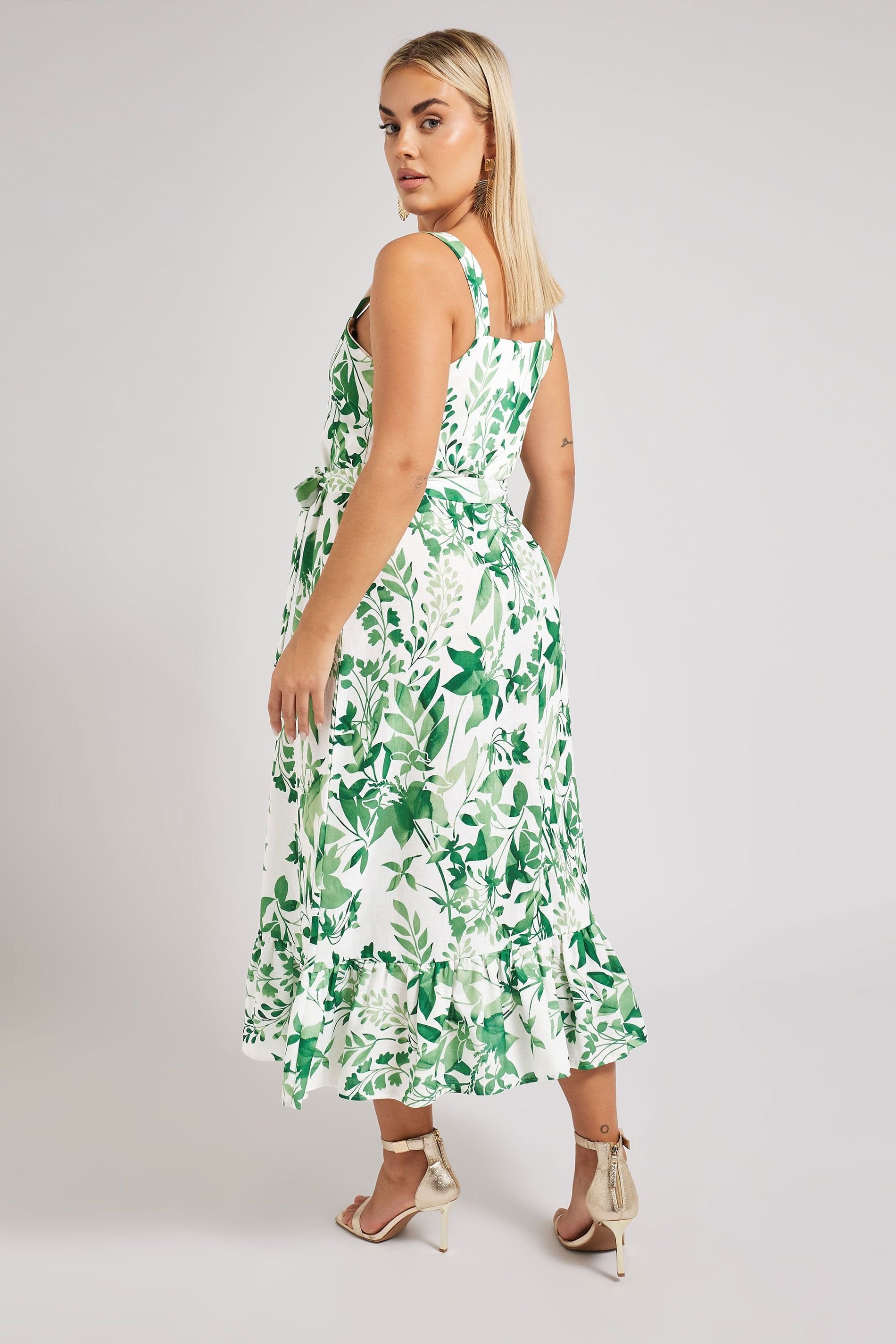 Yours Yours Women's Botanical Leaf Print Linen Look Dress in White - 4