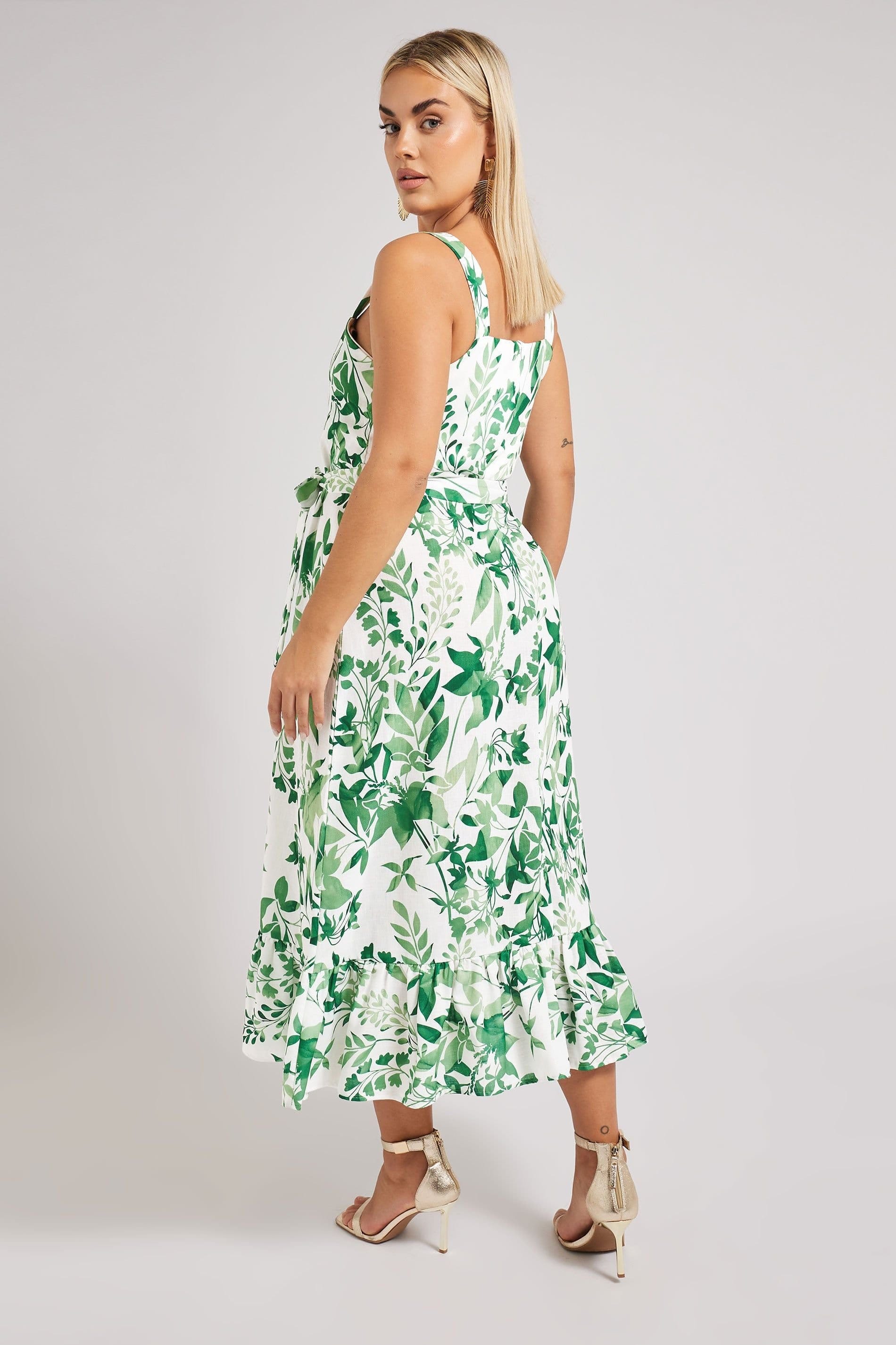 Yours Yours Women's Botanical Leaf Print Linen Look Dress in White - 4